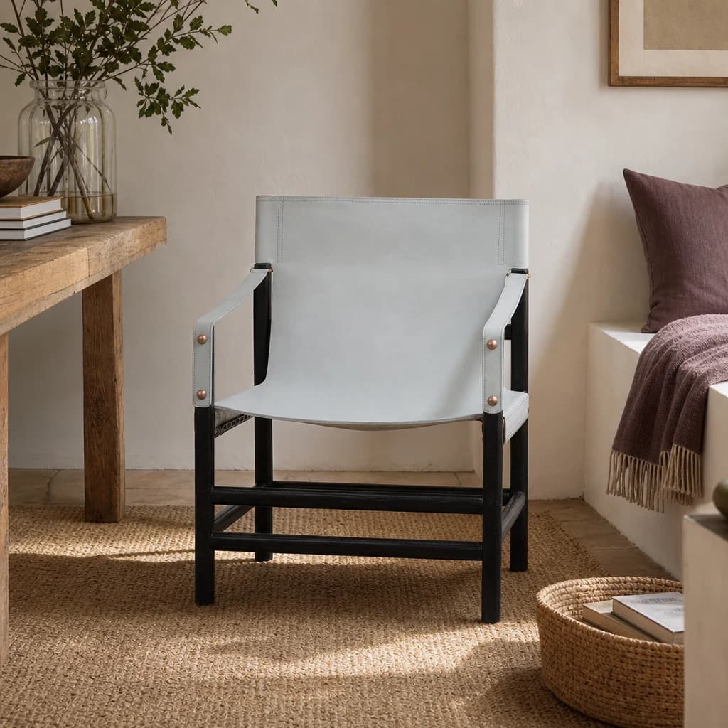 Kendari Grey Leather and Black Teak Wood Chair - Seating, photo 1 of 6