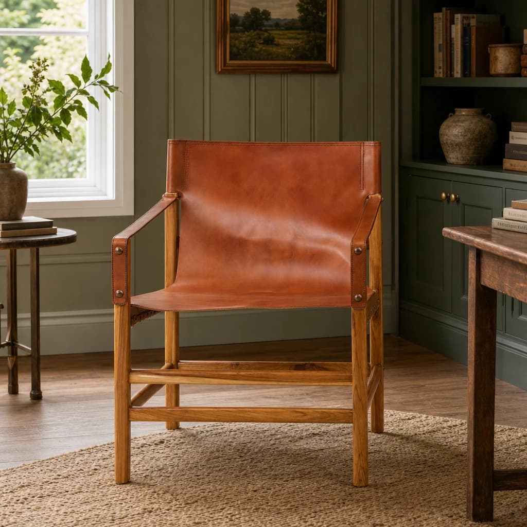 Kendari Brown Leather and Natural Teak Wood Chair - Seating, photo 1 of 6