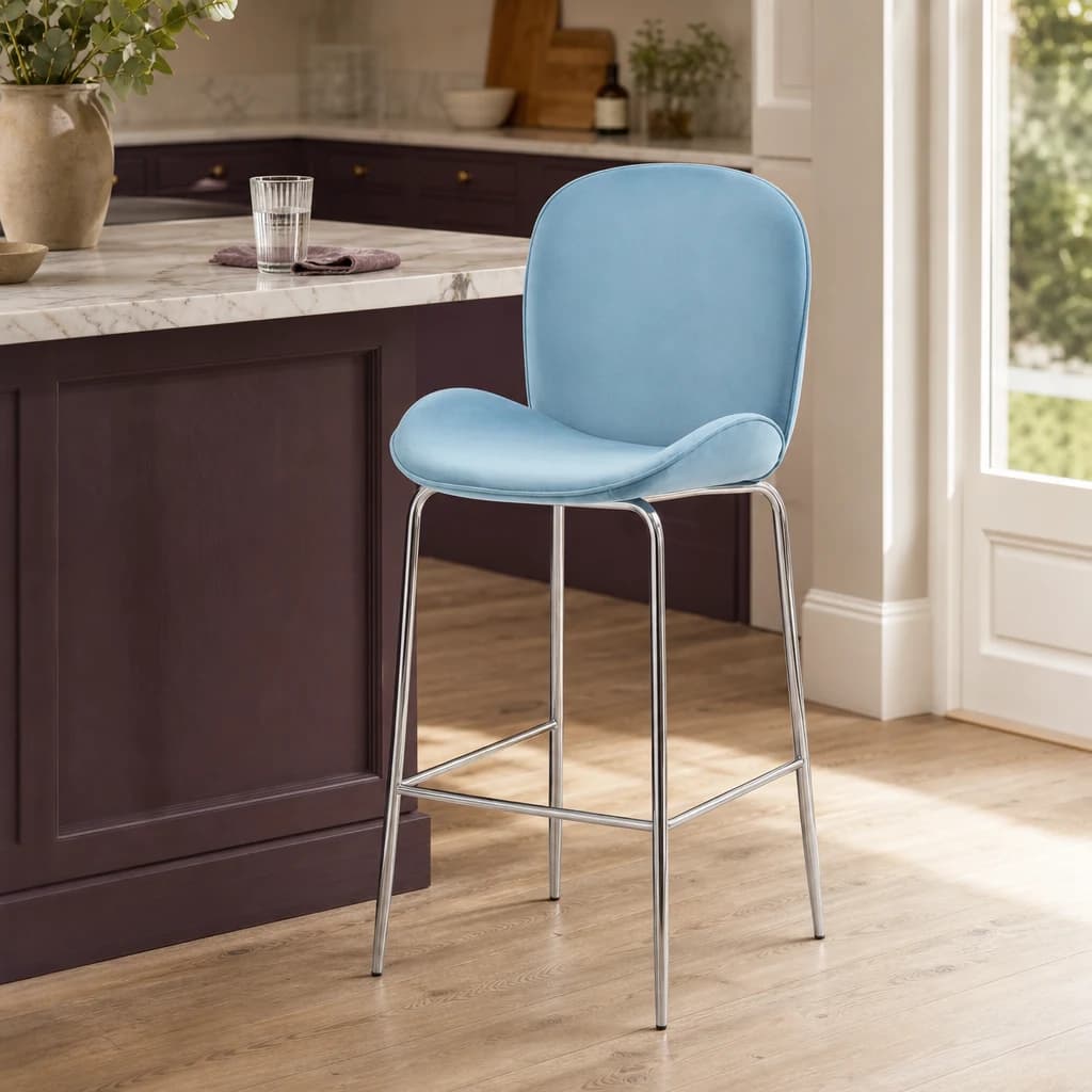Tamzin Blue Velvet Chrome Finish Bar Chair - Seating, photo 1 of 6