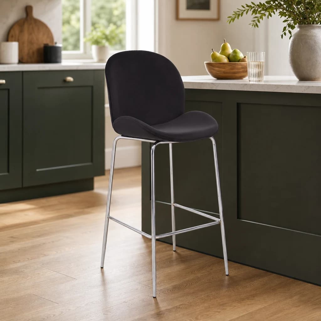 Tamzin Black Velvet Chrome Finish Bar Chair - Seating, photo 1 of 6