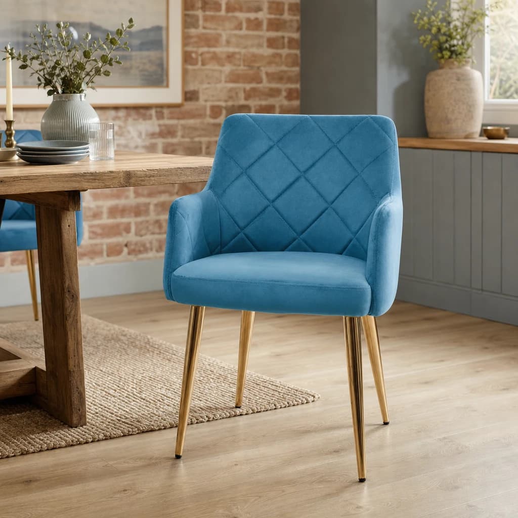 Tamzin Light Blue Velvet Quilted Dining Chair with Gold Finish Legs - Seating, photo 1 of 8
