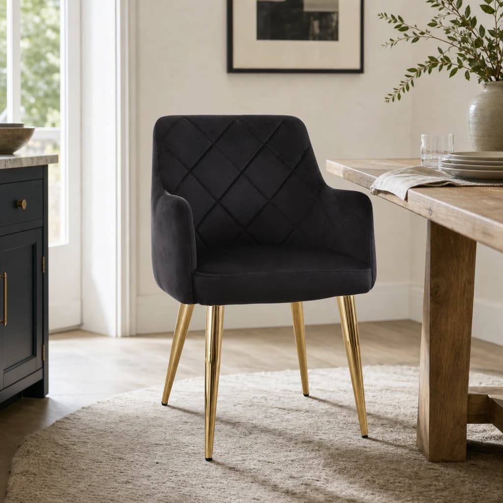 Tamzin Black Velvet Quilted Dining Chair with Gold Finish Legs - Seating, photo 1 of 6