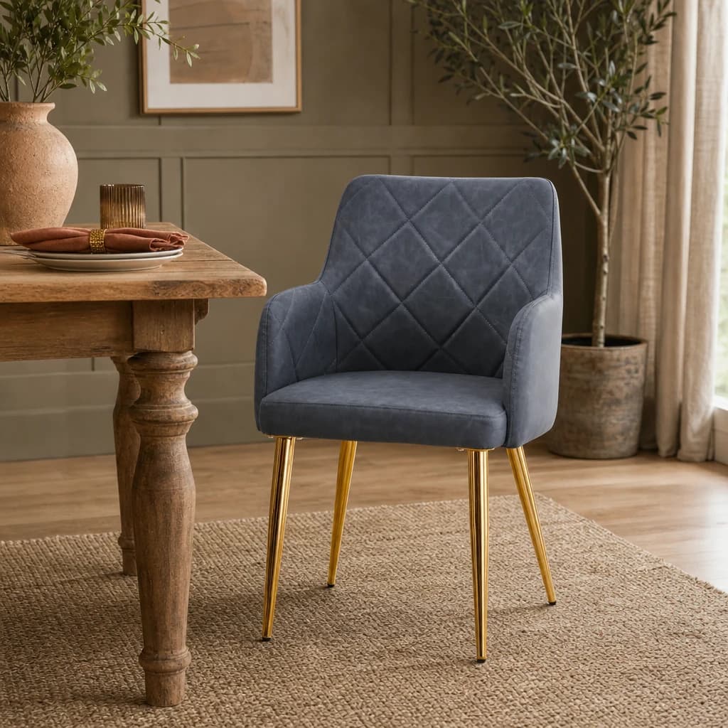 Tamzin Dark Grey Leather Effect Quilted Dining Chair with Gold Metal Legs - Seating, photo 1 of 6