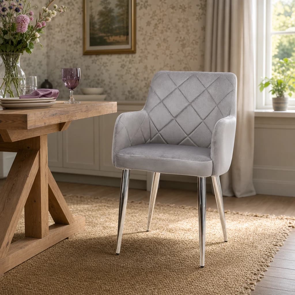 Tamzin Mink Velvet Quilted Dining Chair with Chrome Finish Legs - Seating, photo 1 of 8