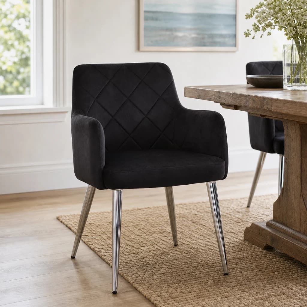 Tamzin Black Velvet Quilted Dining Chair with Chrome Finish Legs - Seating, photo 1 of 7