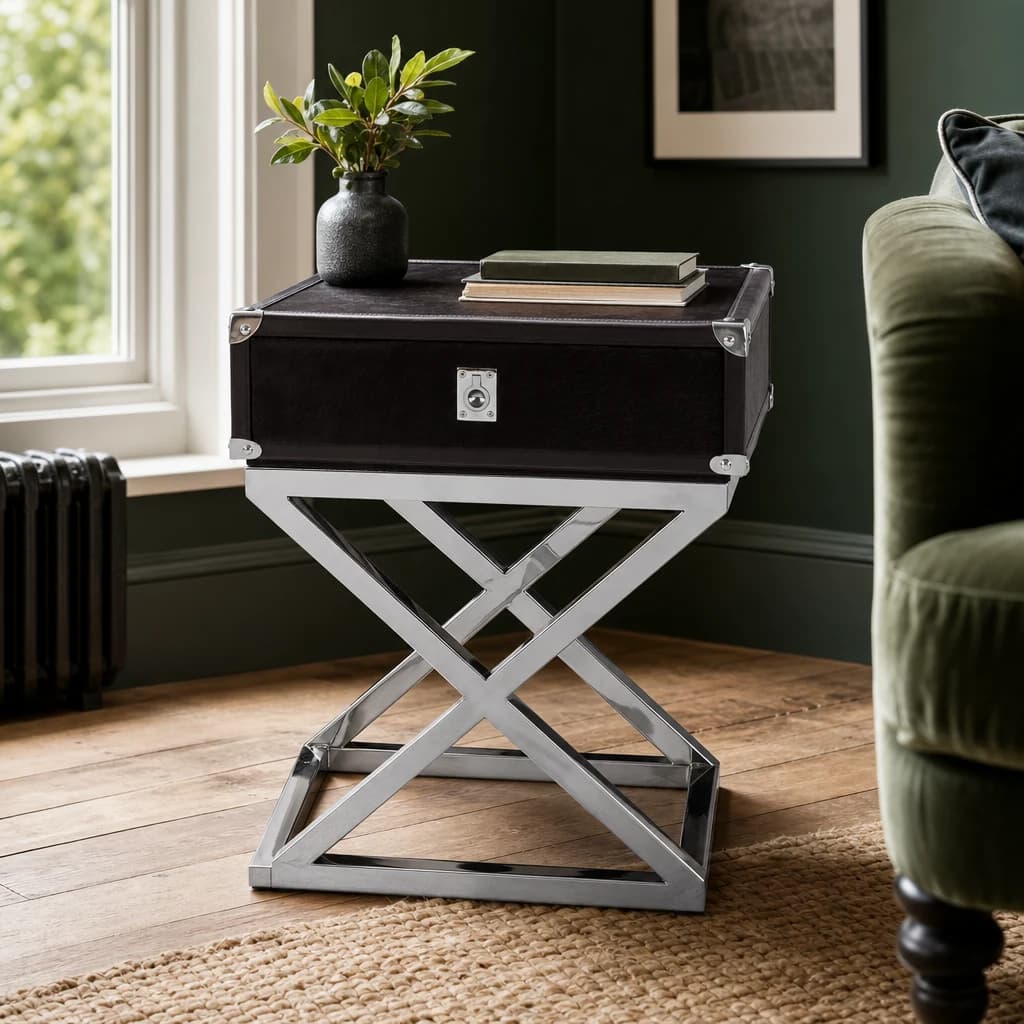 Kensington Townhouse Black Hair on Leather Side Table with Drawer - Tables, photo 1 of 2