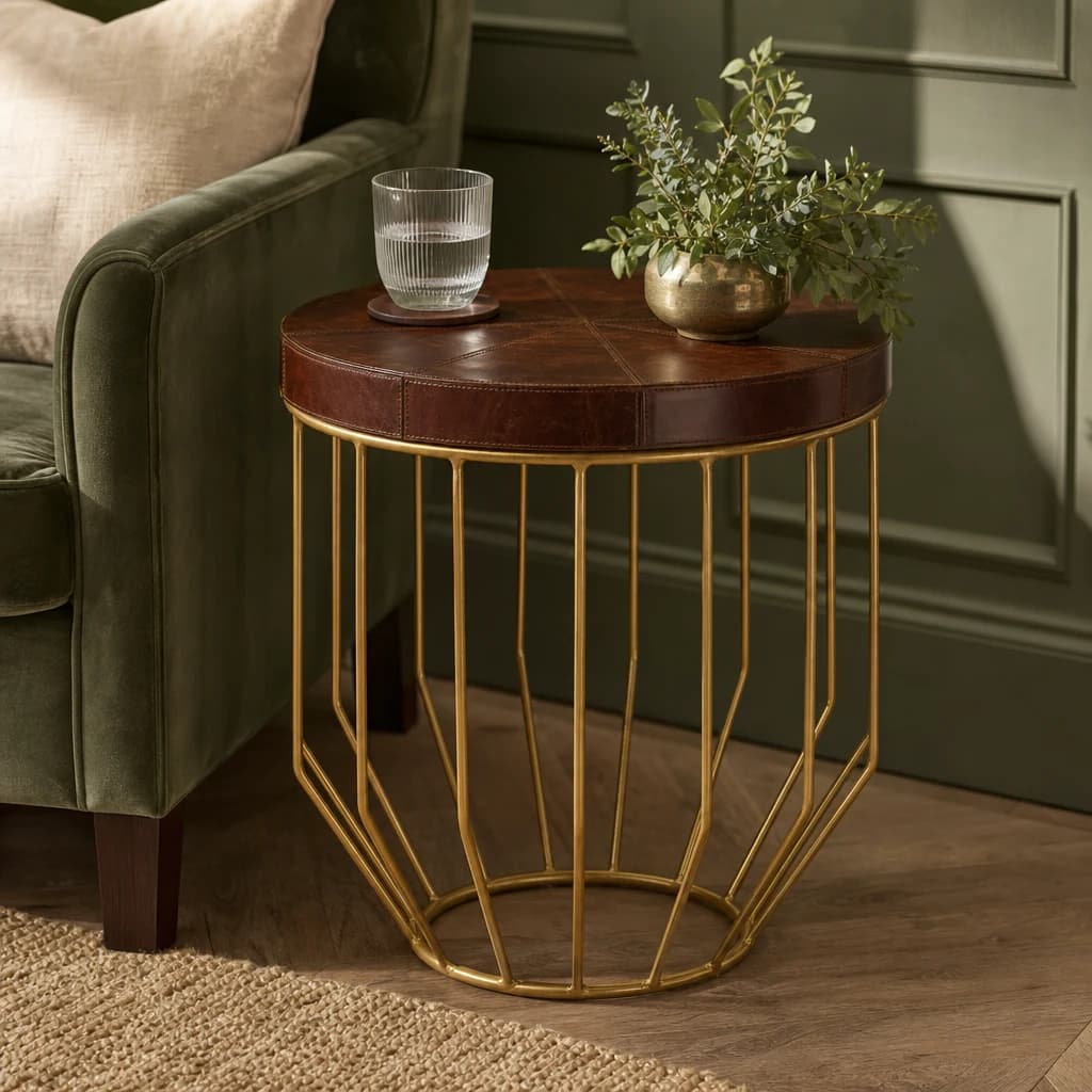 Kensington Townhouse Leather Side Table with Gold Frame - Tables, photo 1 of 2