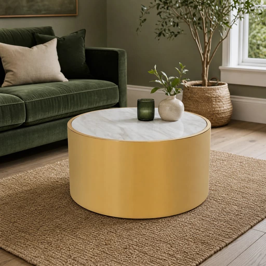 Carlox Round Gold and Marble Effect Coffee Table - Tables, photo 1 of 8