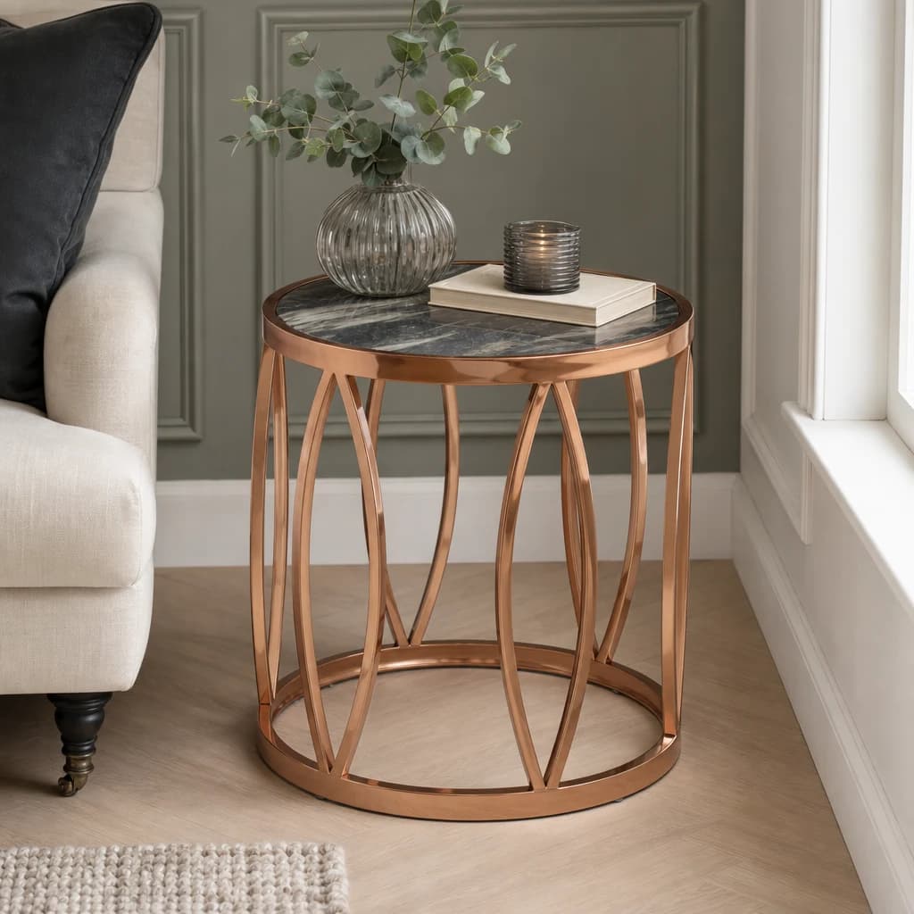 Tula Black Marble Effect and Rose Gold Finish Round Side Table - Tables, photo 1 of 2