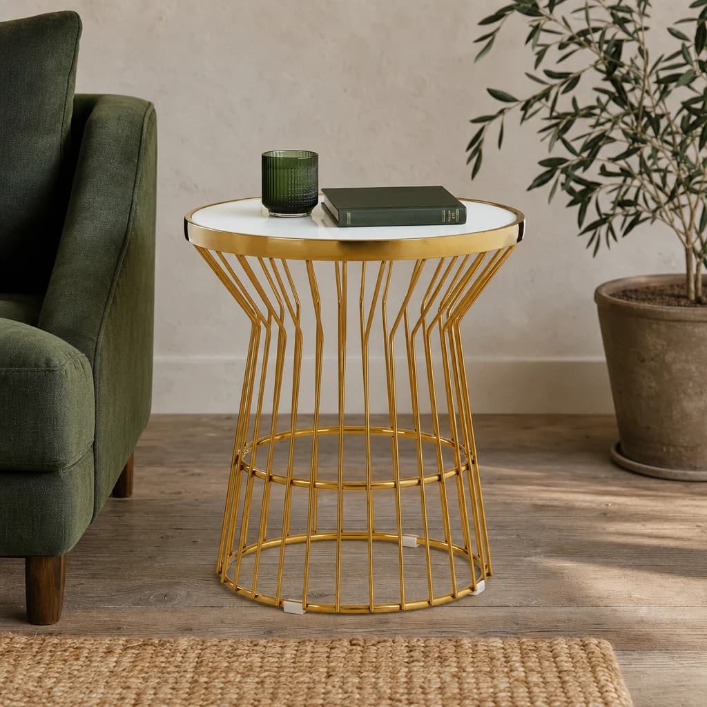Tula White Glass and Gold Finish Base Side Table - Tables, photo 1 of 2