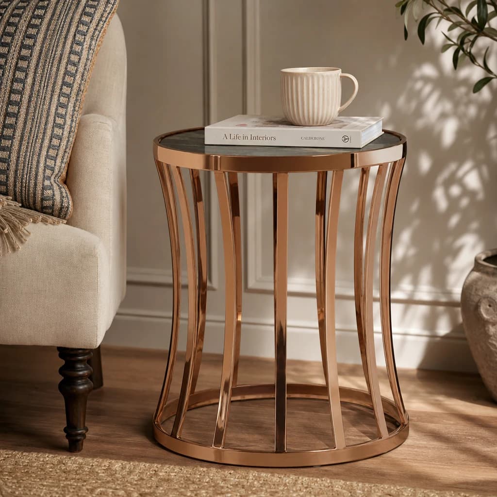 Tula Green Marble Effect and Rose Gold Finish Round Side Table - Tables, photo 1 of 2