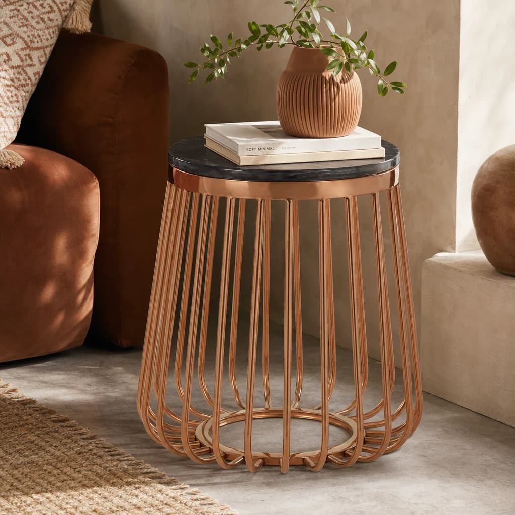 Tula Black Marble Effect and Rose Gold Finish Round Side Table - Tables, photo 1 of 2