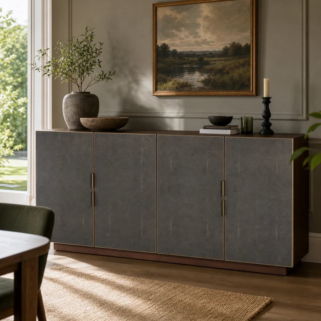 Kempton Grey Shagreen Effect and Walnut Veneer 4 Door Sideboard - Bookcases & shelving, photo 1 of 8