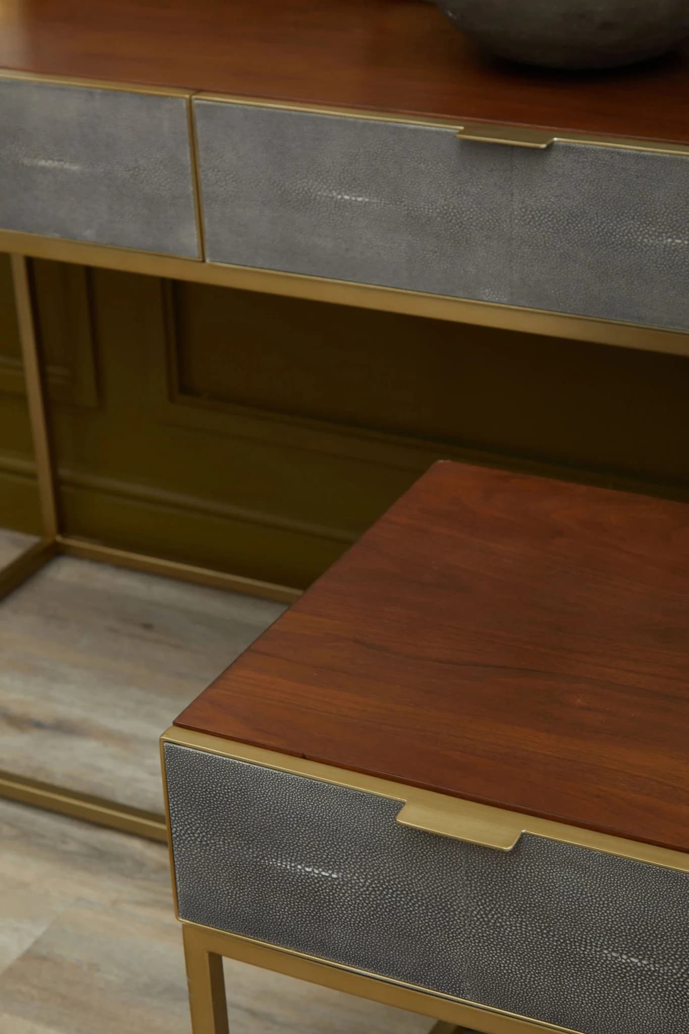 Kempton Grey Shagreen Effect and Walnut Veneer Side Table with Drawer - Tables, photo 2 of 8