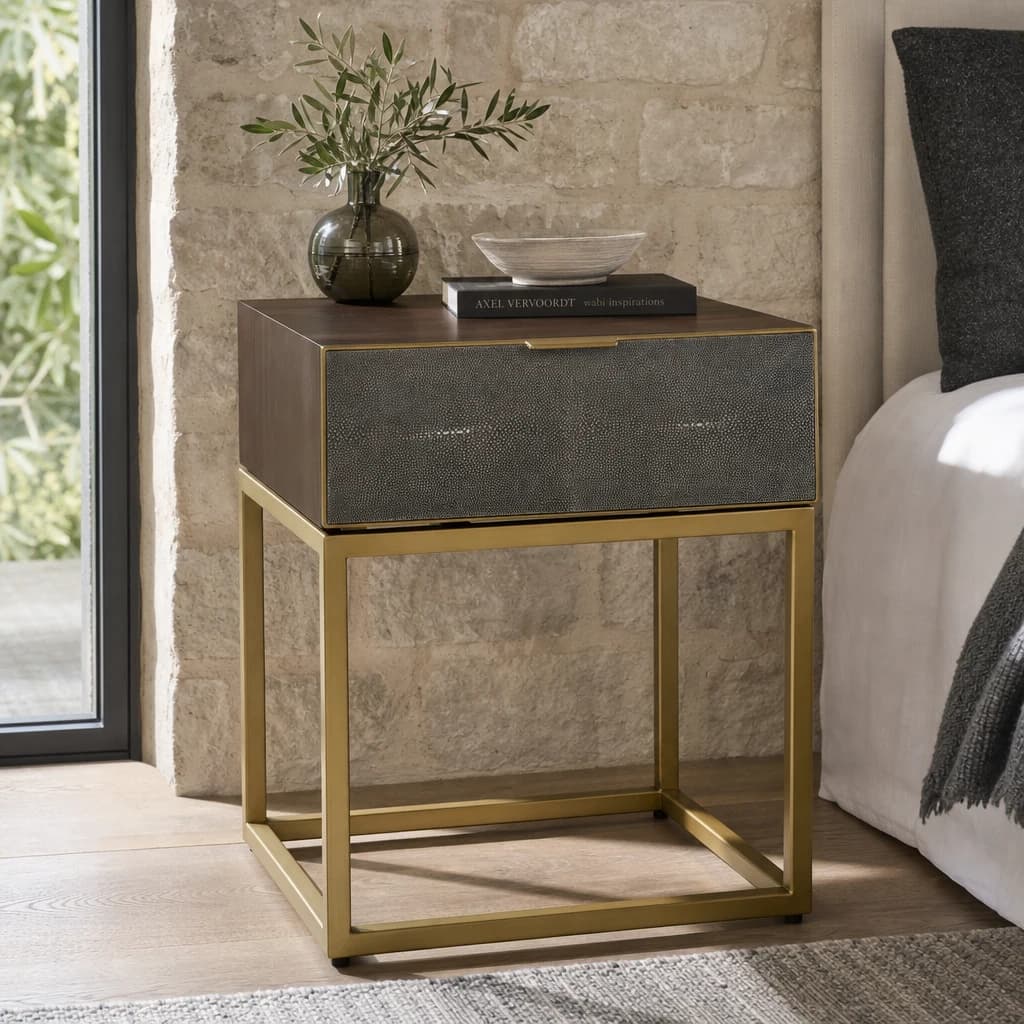 Kempton Grey Shagreen Effect and Walnut Veneer Side Table with Drawer - Tables, photo 1 of 8