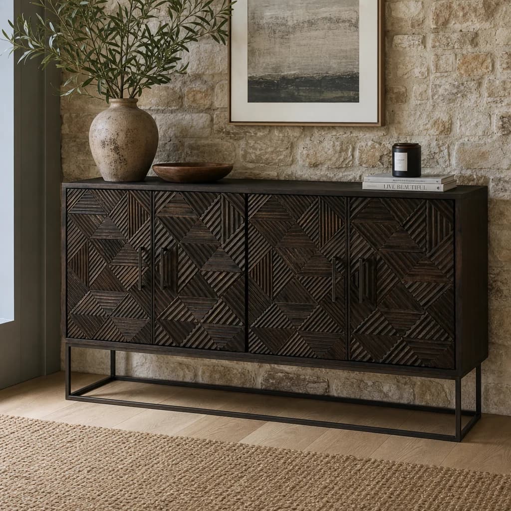 Saira Carved Mango Wood 4 Door Sideboard - Bookcases & shelving, photo 1 of 8