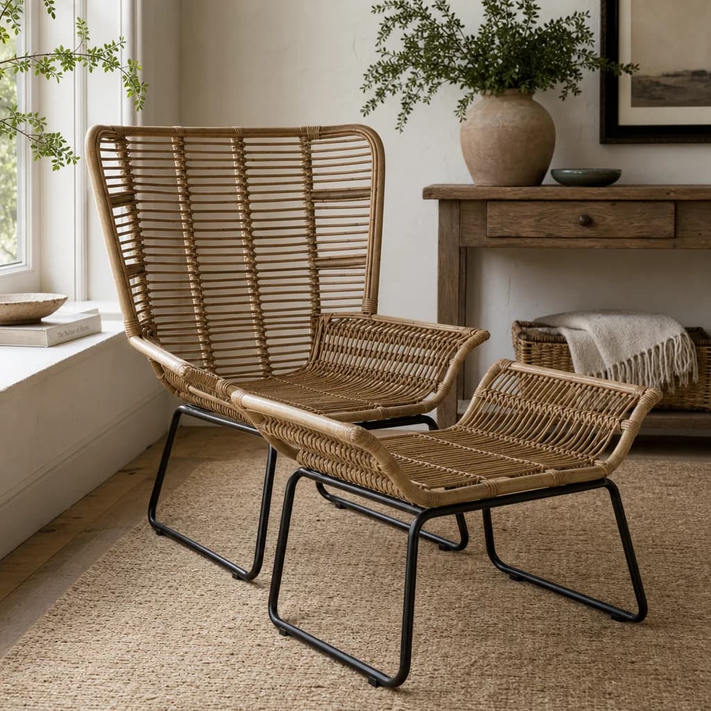 Manado Natural Rattan Lounge Chair And Footstool