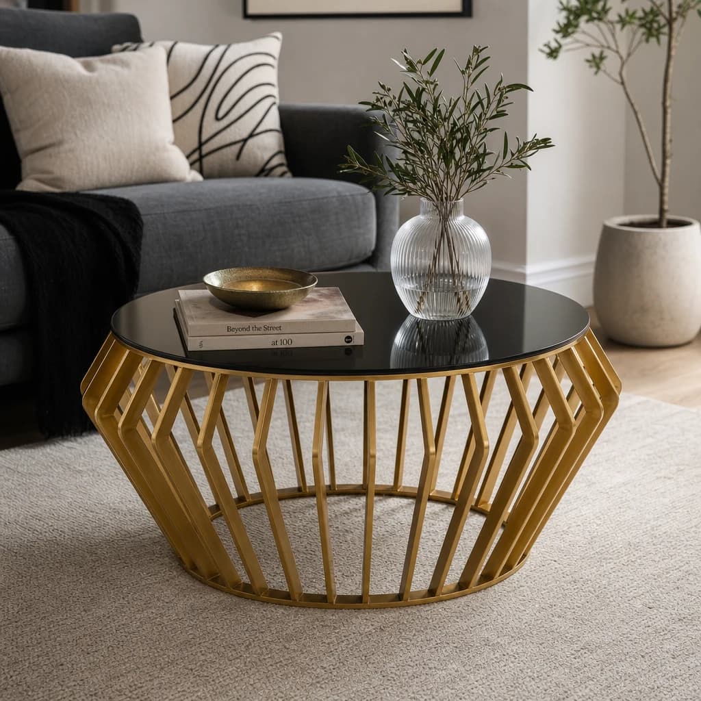Ackley Gold Round Coffee Table with Black Glass - Tables, photo 1 of 4