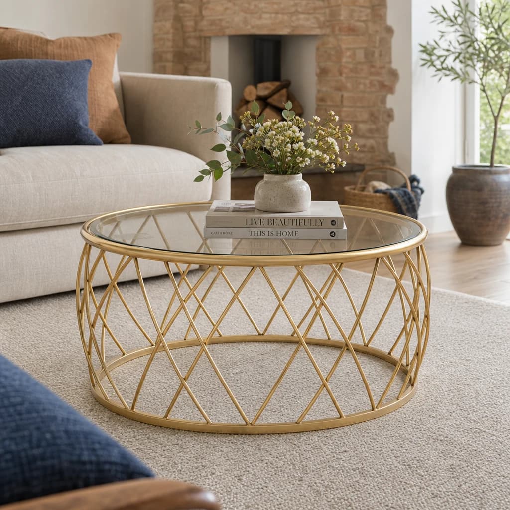 Ackley Gold Round Coffee Table with Clear Glass - Tables, photo 1 of 5