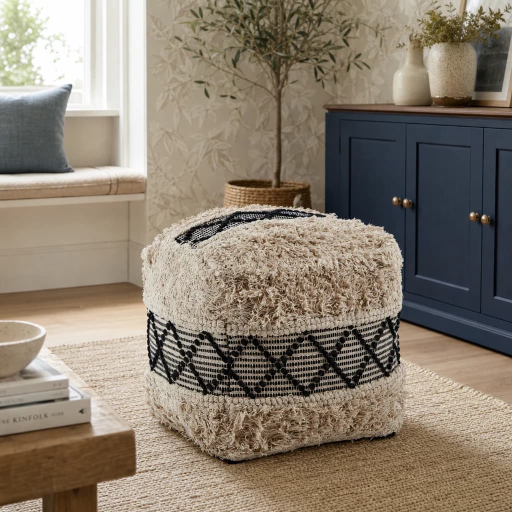 Cefena Black and White Shaggy Pouffe - Decorative, photo 1 of 5