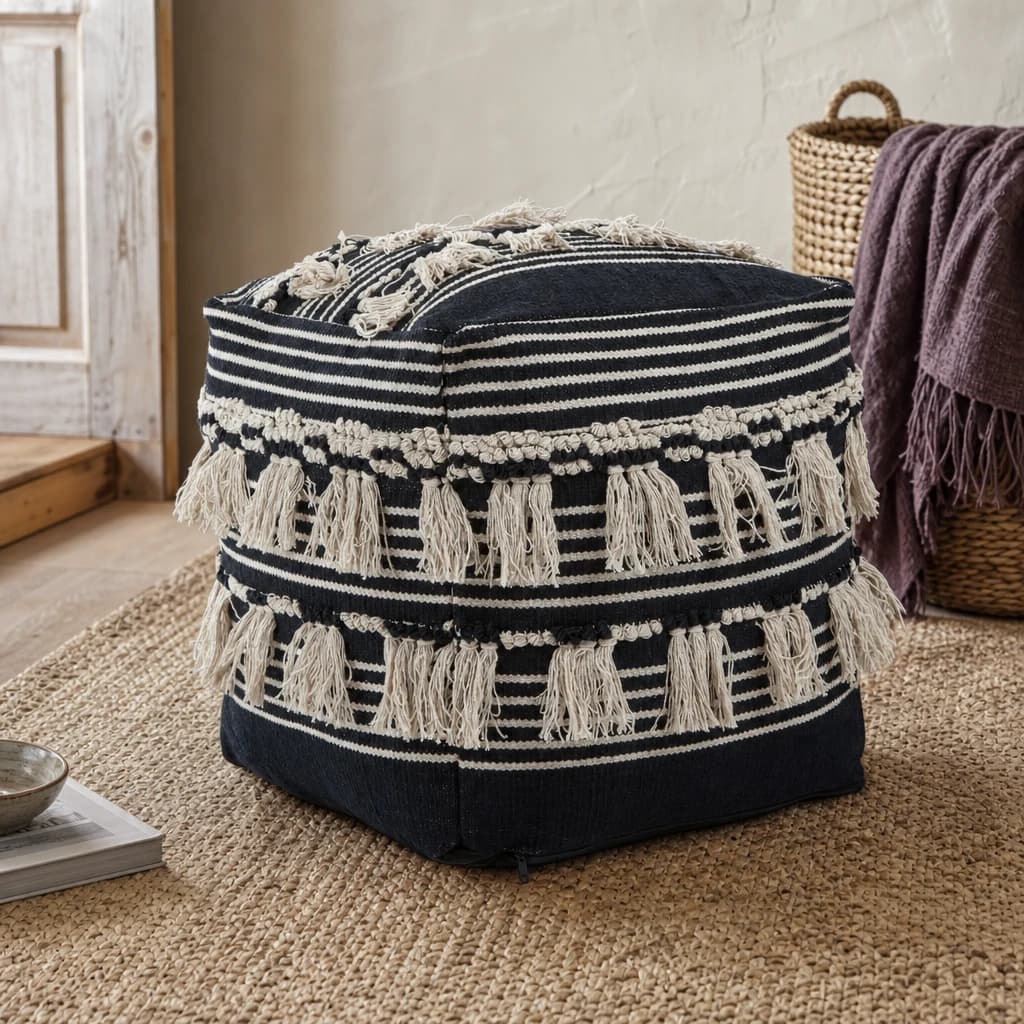 Cefena Black and White Shaggy Pouffe - Decorative, photo 1 of 6