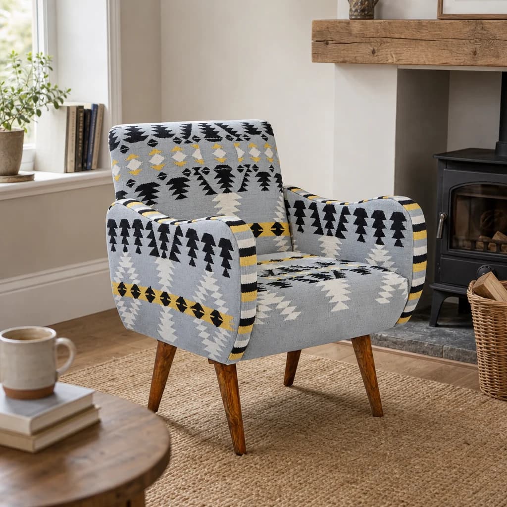 Cefena Kilim Style Armchair with Mango Wood Legs - Seating, photo 1 of 7