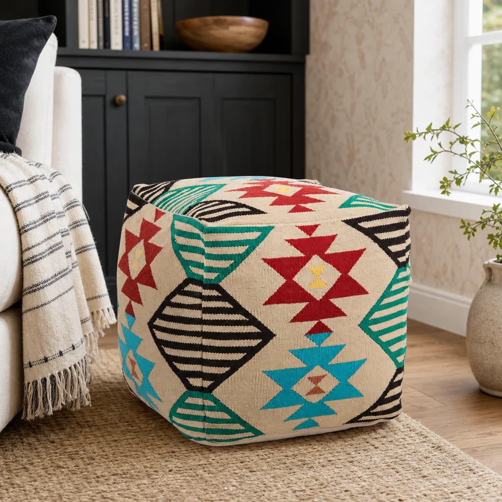 Cefena Multi Colour Kilim Style Pouffe - Decorative, photo 1 of 7