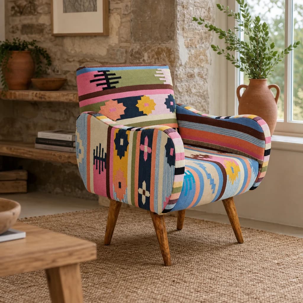 Cefena Multi Colour Kilim Style Fabric Chair With Mango Wood Legs - Seating, photo 1 of 8