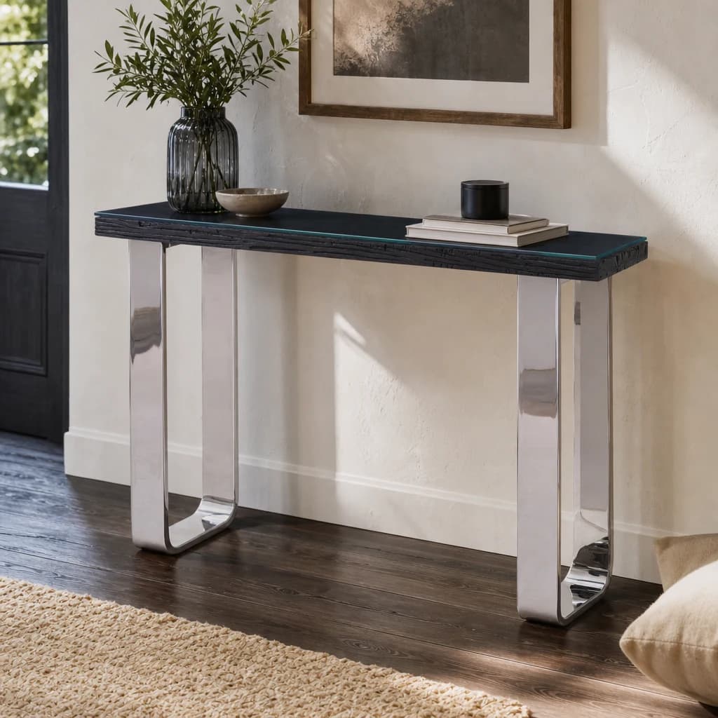 Kerala Black Recycled Wood Console Table with Curved Legs - Tables, photo 1 of 7