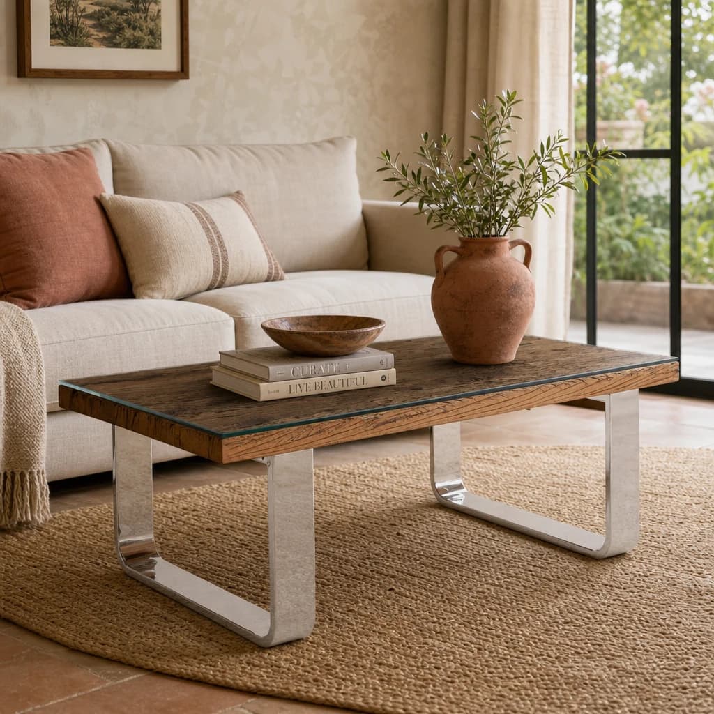 Kerala Recycled Natural Wood Coffee Table with Curved Legs - Tables, photo 1 of 8