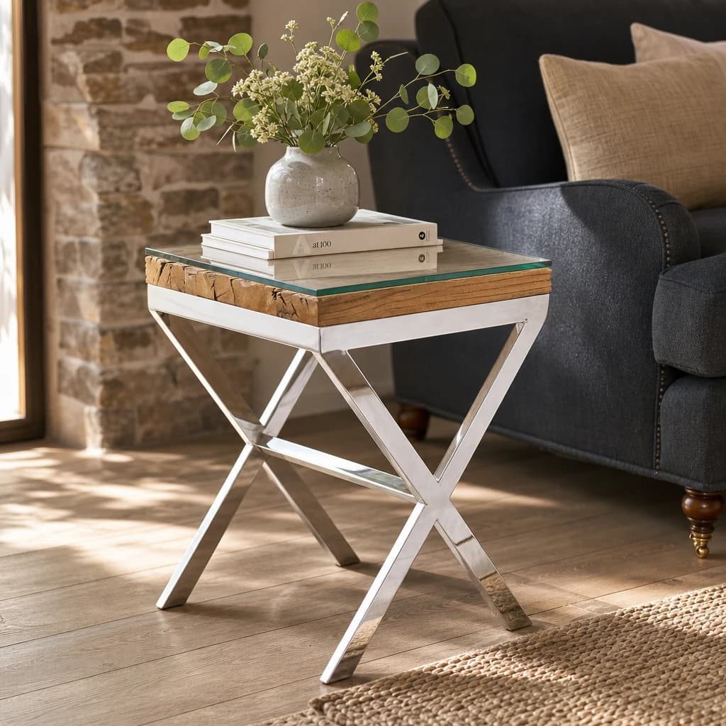 Kerala Recycled Natural Wood Side Table with Cross Frame - Tables, photo 1 of 7
