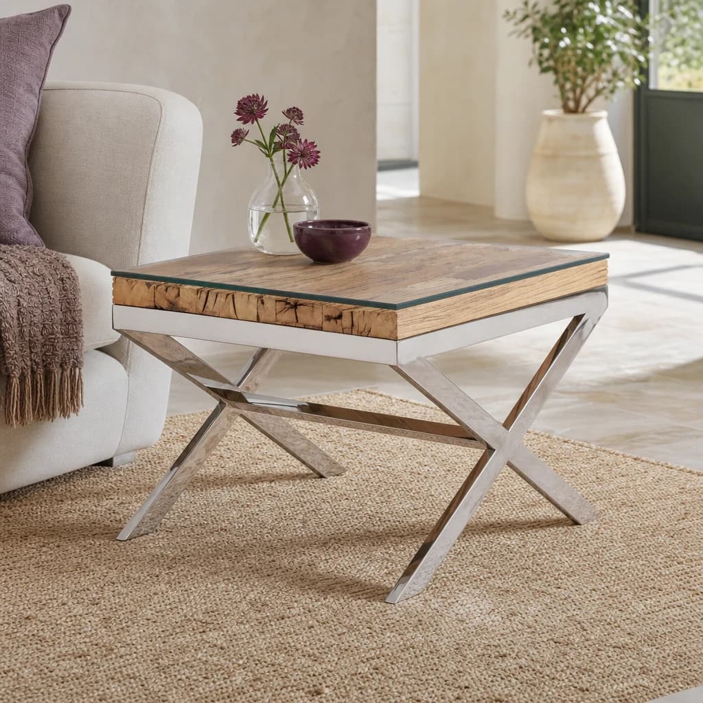 Kerala Large Recycled Natural Wood Side Table With Cross Base - Tables, photo 1 of 7