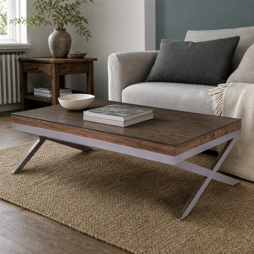 Kerala Natural Recycled Wood Coffee Table With Cross Base - Tables, photo 1 of 6