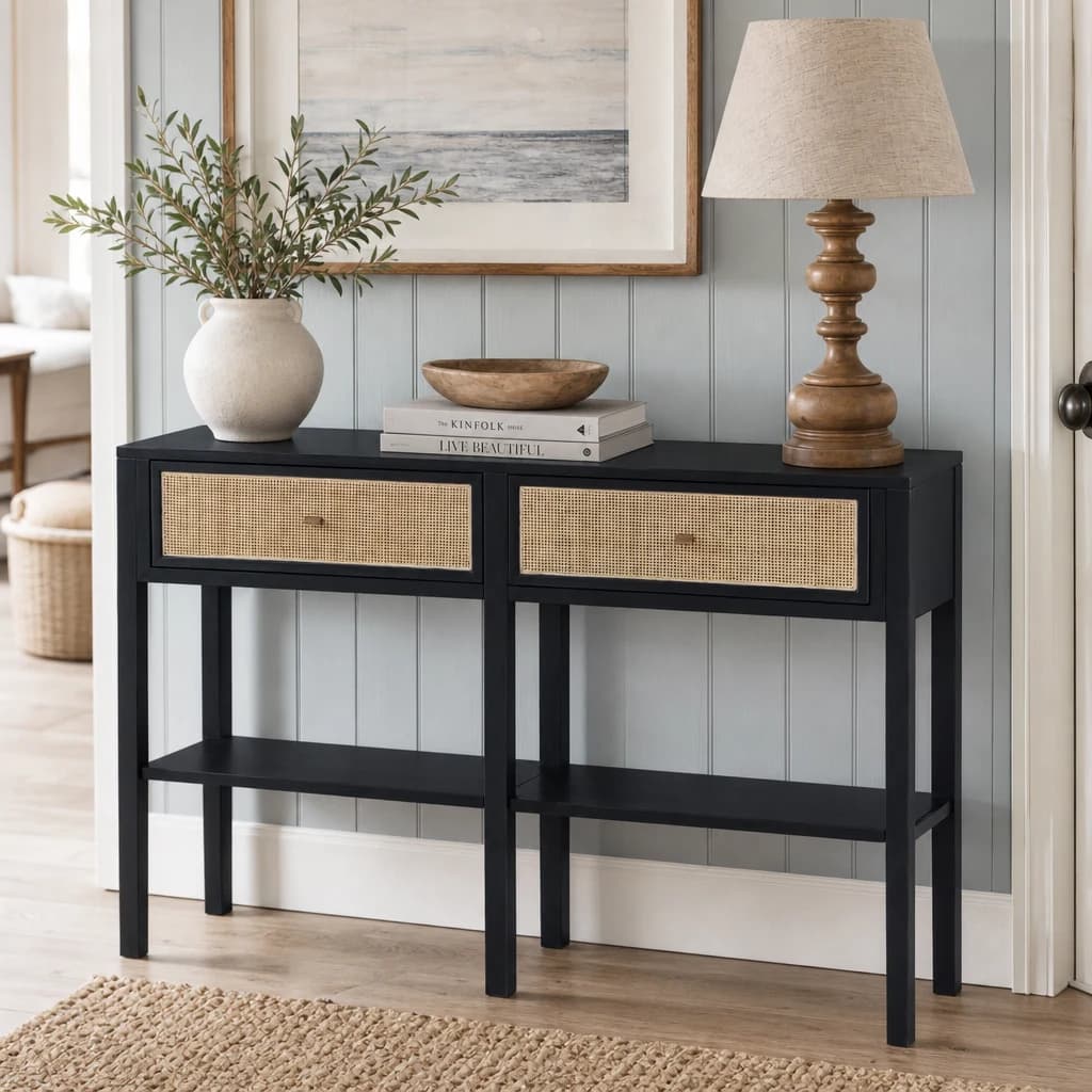 Corso Black Console Table with Rattan Drawers - Tables, photo 1 of 8