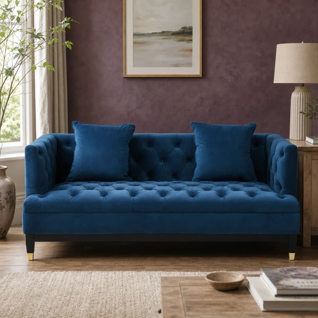 Sefira Navy Fabric Modern Chesterfield 2 Seat Sofa - Seating, photo 1 of 8