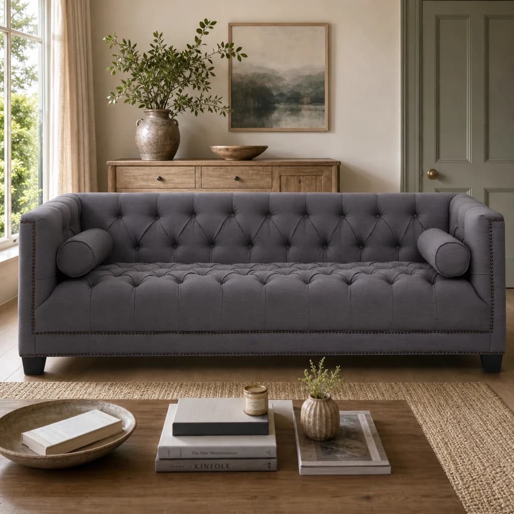 Surina Grey Fabric 3 Seat Modern Chesterfield Sofa - Seating, photo 1 of 8
