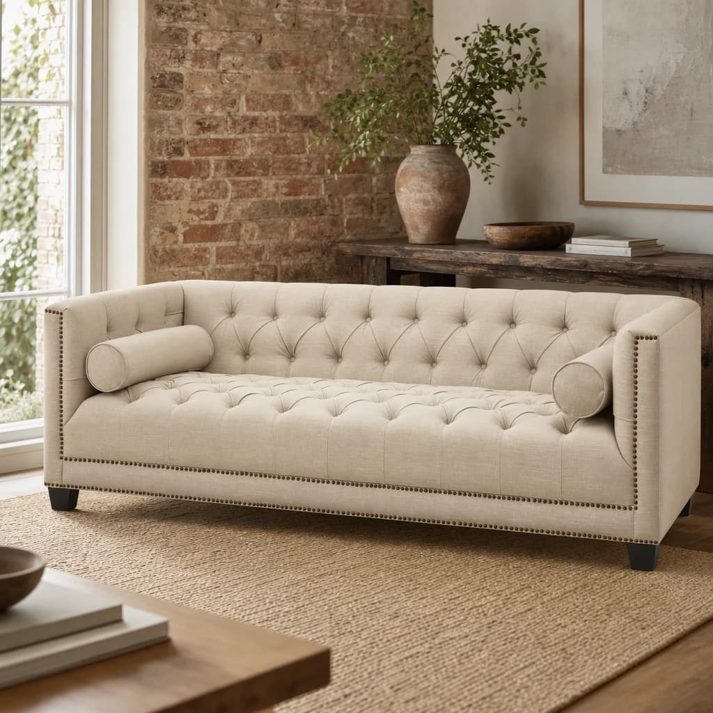 Surina Stone Fabric 3 Seat Modern Chesterfield Sofa - Seating, photo 1 of 8