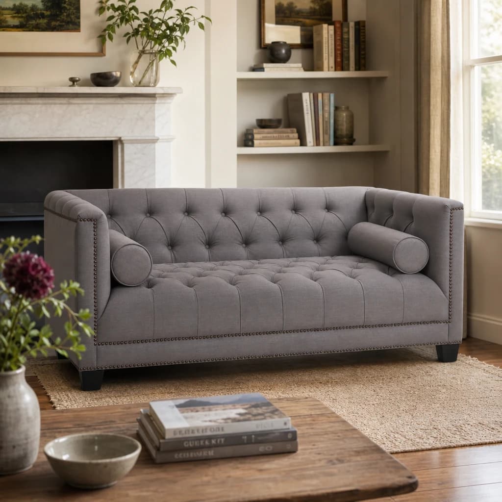 Surina Grey Fabric 2 Seat Modern Chesterfield Sofa - Seating, photo 1 of 8