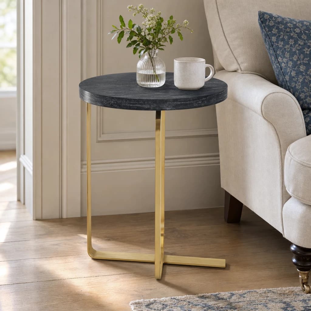 Lena Oak Veneer Round Side Table with Brushed Gold Legs - Tables, photo 1 of 8