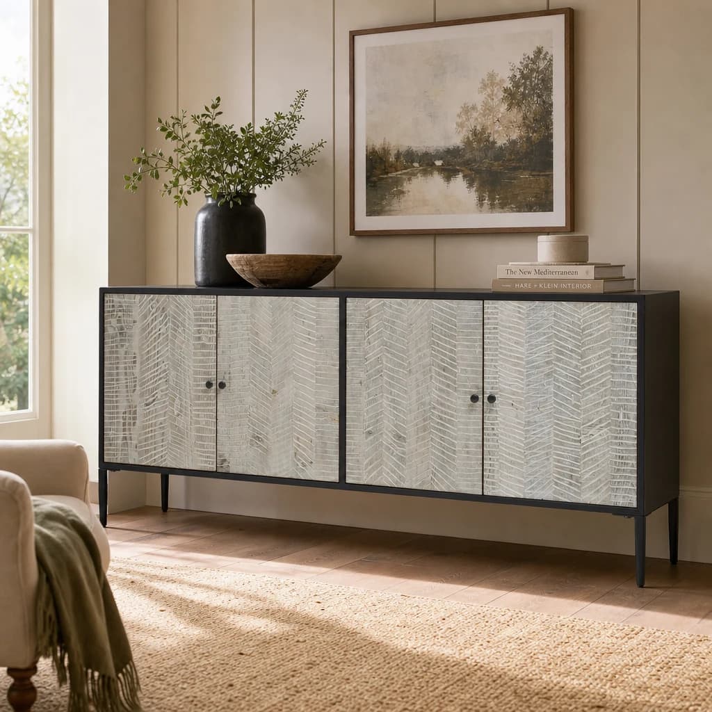 Luxor Grey Wash Recycled Pine Wood 4 Door Sideboard - Bookcases & shelving, photo 1 of 8