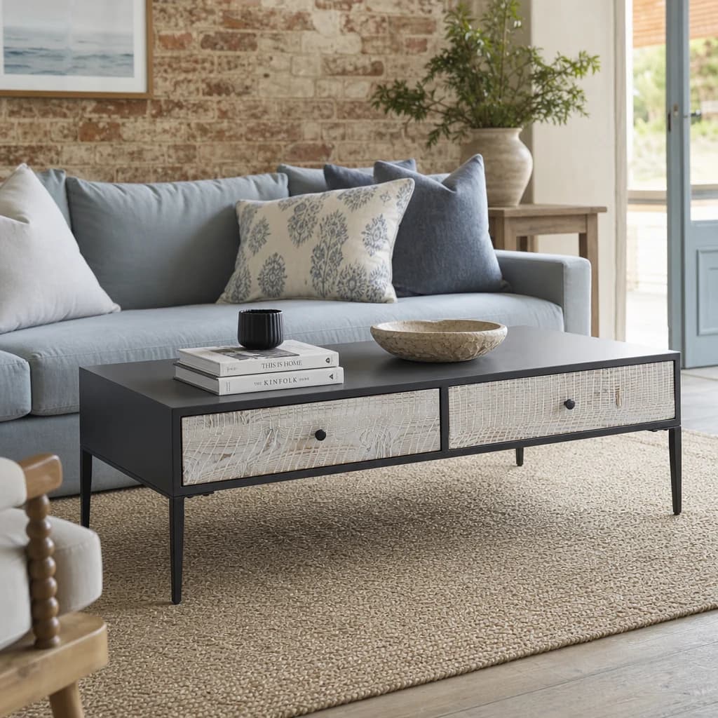 Luxor Grey Wash Recycled Pine Wood Coffee Table with Drawers - Tables, photo 1 of 8