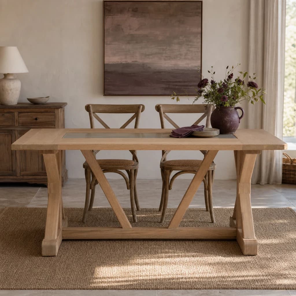 Lyon Washed Grey Oak Wood and Glass Dining Table