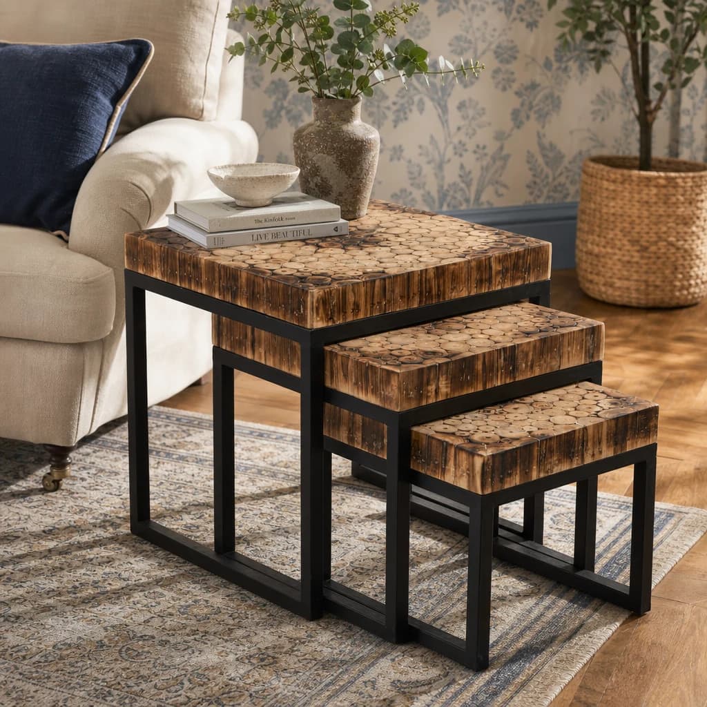 Malang Mosaic Teak Wood Set Of 3 Nesting Tables - Tables, photo 1 of 8