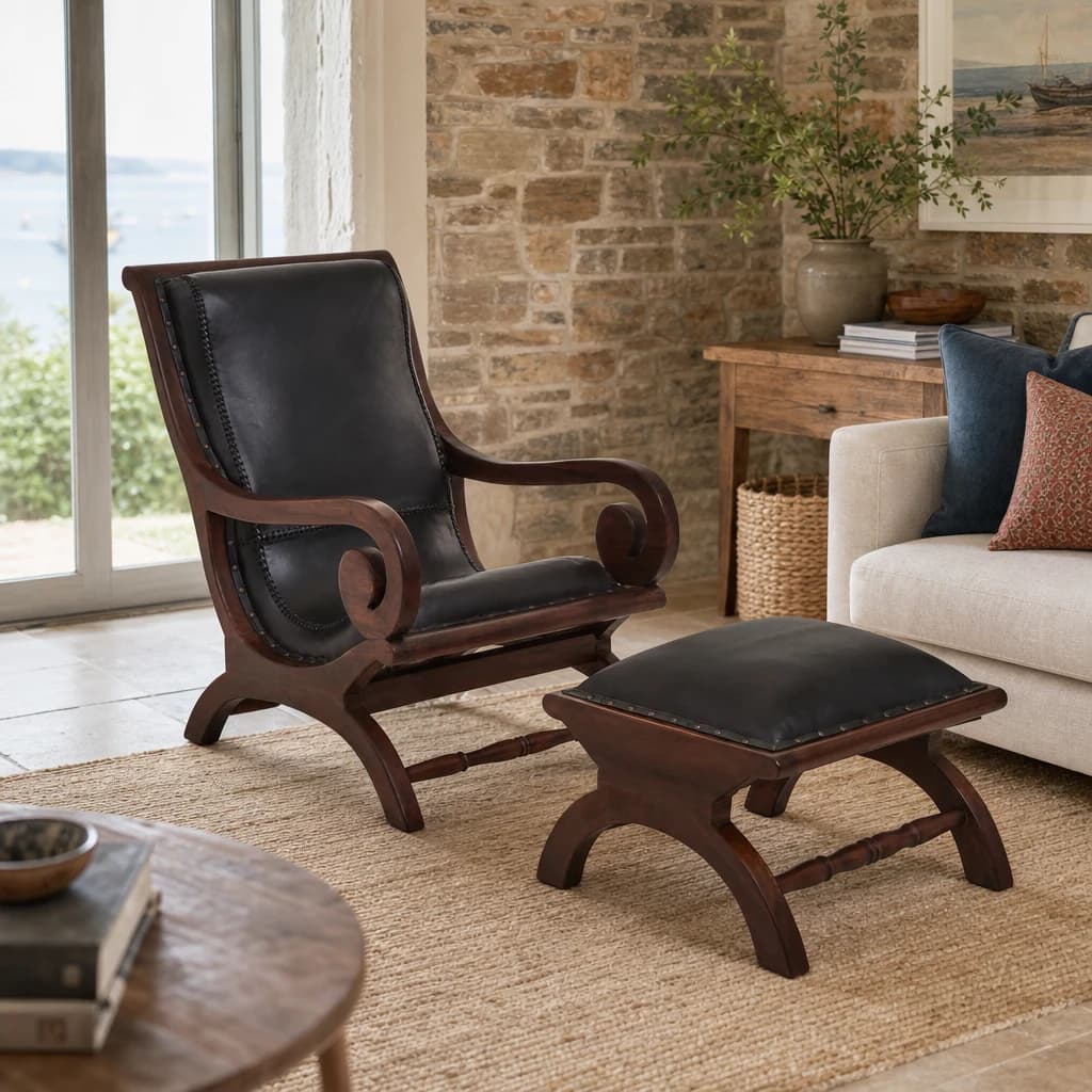 Inca Genuine Black Leather and Teak Lounge Chair with Footstool - Seating, photo 1 of 8