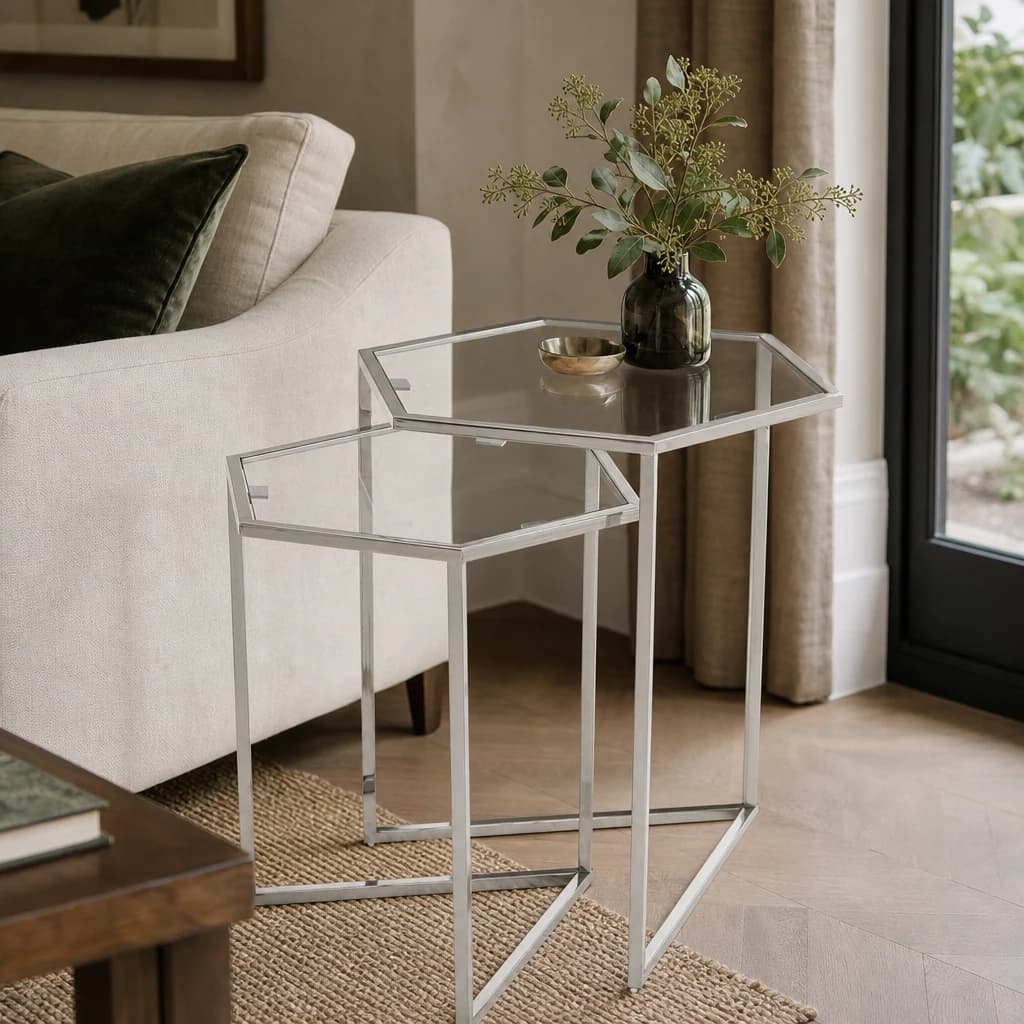 Herber Set Of 2 Silver Finish Hexagon Nesting Tables - Tables, photo 1 of 6