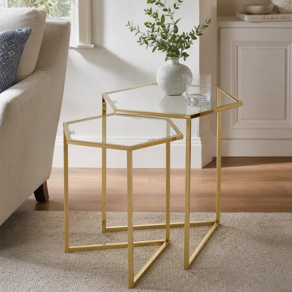 Herber Set Of 2 Gold Finish Hexagon Nesting Tables - Tables, photo 1 of 8