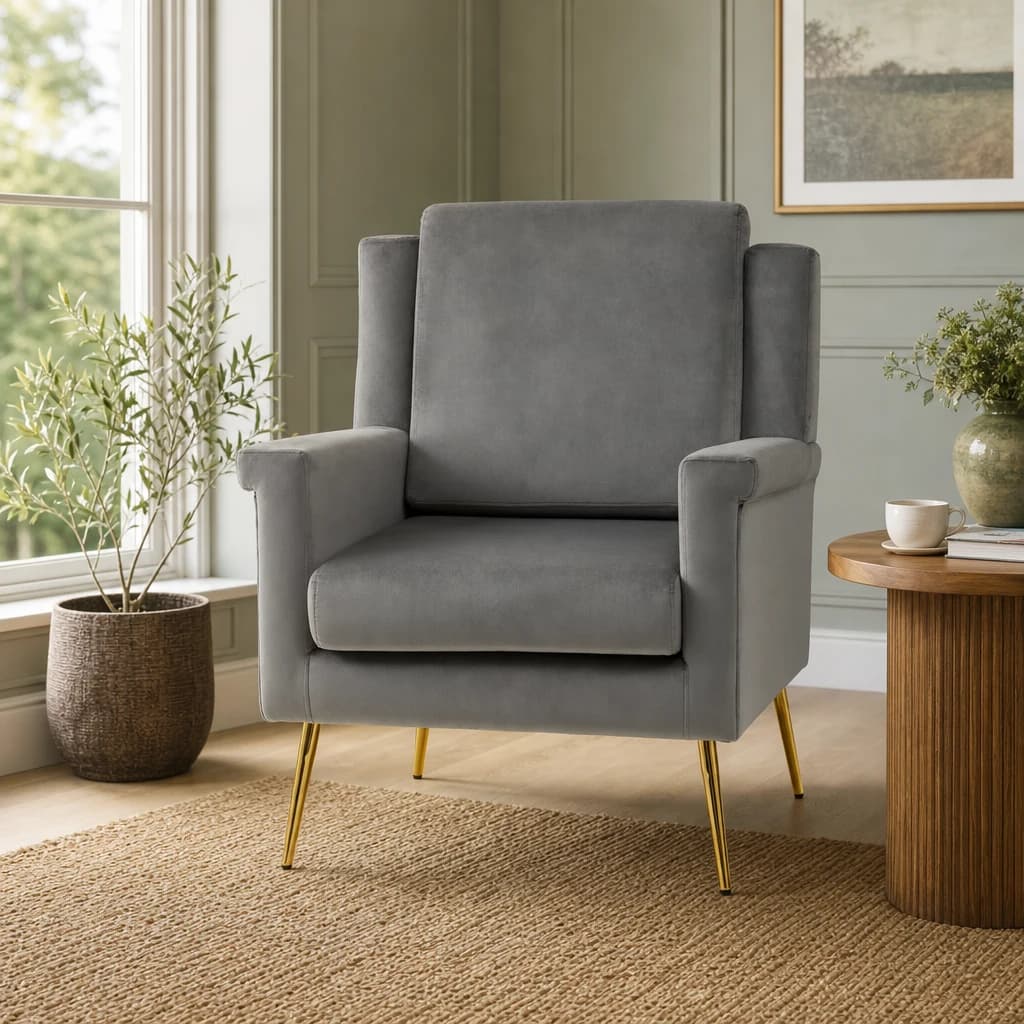 Salma Grey Velvet Armchair with Gold Legs - Seating, photo 1 of 8