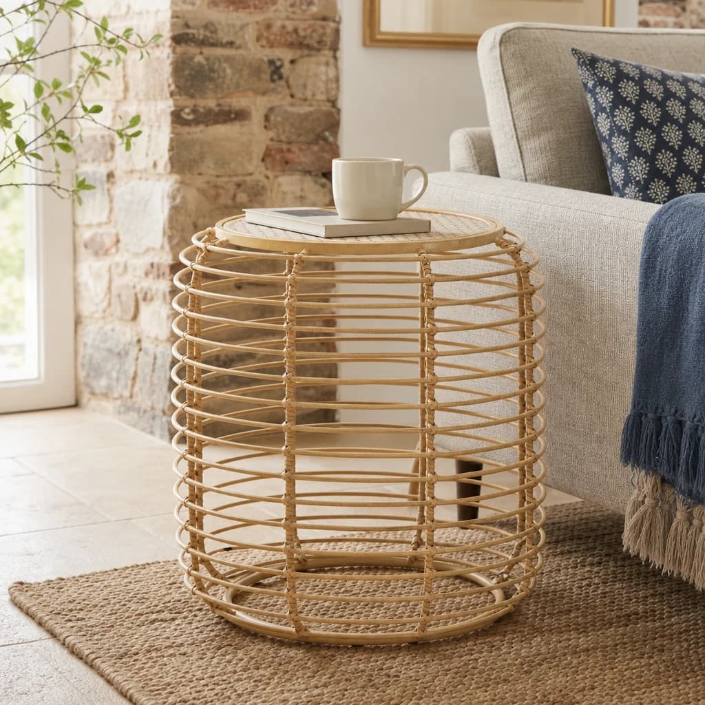 Trento Round Rattan and Antique Gold Finish Side Table - Tables, photo 1 of 6