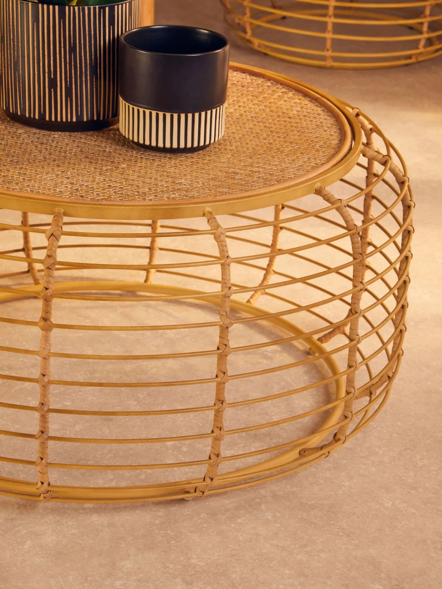 Trento Round Rattan and Antique Gold Finish Coffee Table - Tables, photo 2 of 6