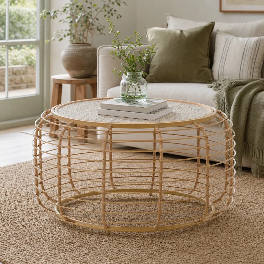 Trento Round Rattan and Antique Gold Finish Coffee Table - Tables, photo 1 of 6